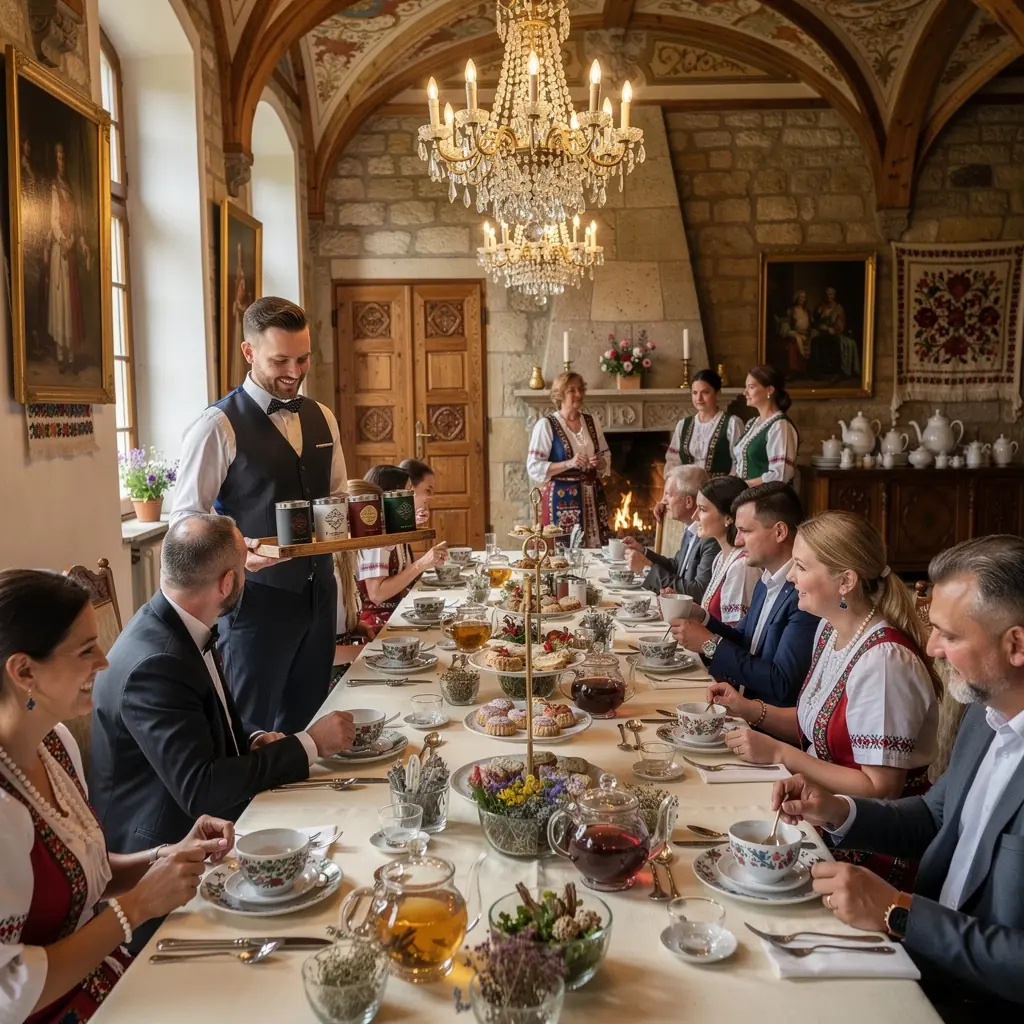 Zložená čajová súprava s porcelánovými šálkami a čajníkom na stole