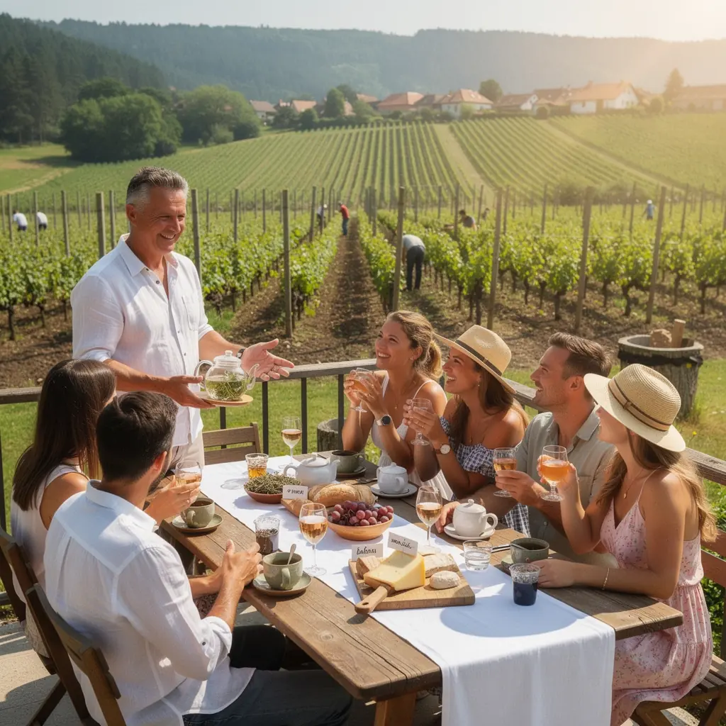Tradičný čajový obrad s rodinou, ktorí si vychutnávajú nápoj na terase