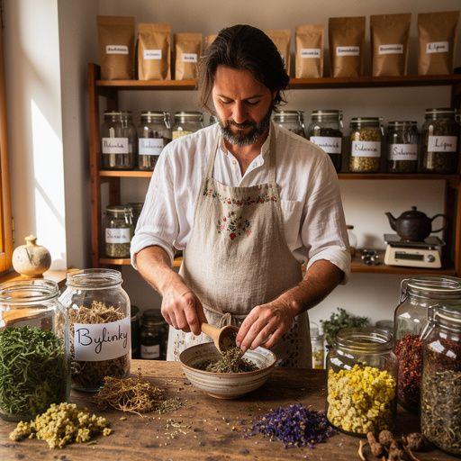 Zelený čaj s bylinkami a kvetmi, servírovaný v tradičnej keramickej šálke.